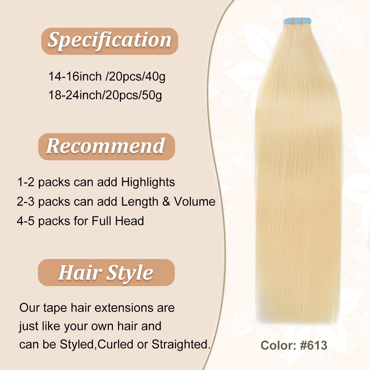 Benetress Asian Raw Hair #613 Straight Tape In Hair Extensions