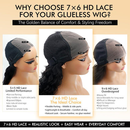 Benetress Natural Black Remy Hair 6x7 Lace Closure Body Wave Human Hair Wig