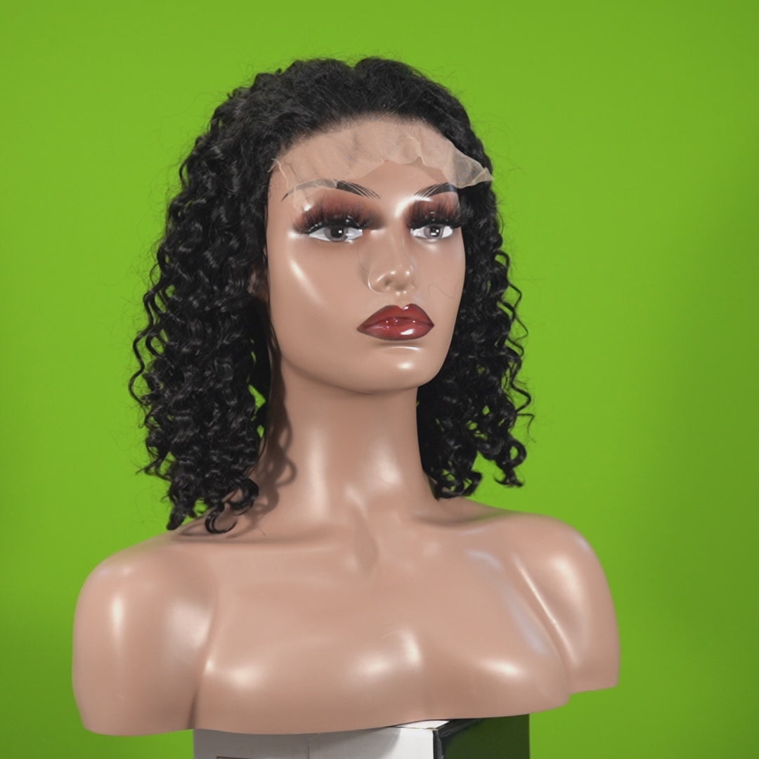 Benetress Natural Black Remy Hair 5x5 Lace Closure Deep Wave 12 Inch Bob Human Hair Wig