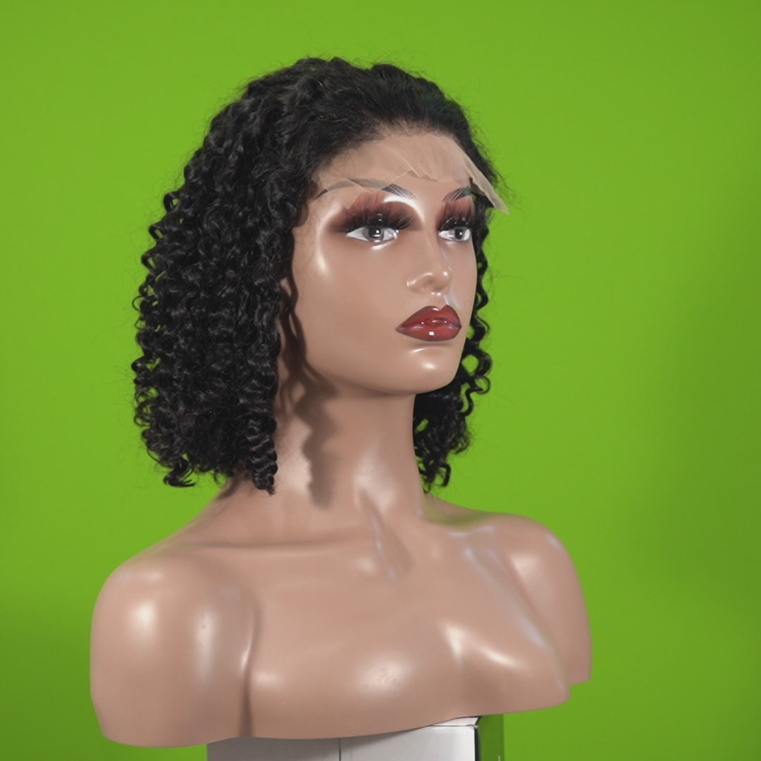 Benetress Natural Black Remy Hair 5x5 Lace Closure Jerry Curly 12 Inch Bob Human Hair Wig