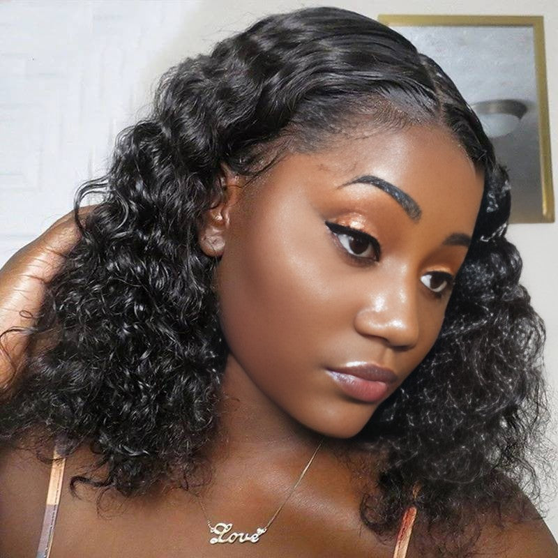 Benetress Natural Black Remy Hair 5x5 Lace Closure Deep Wave 12 Inch Bob Human Hair Wig