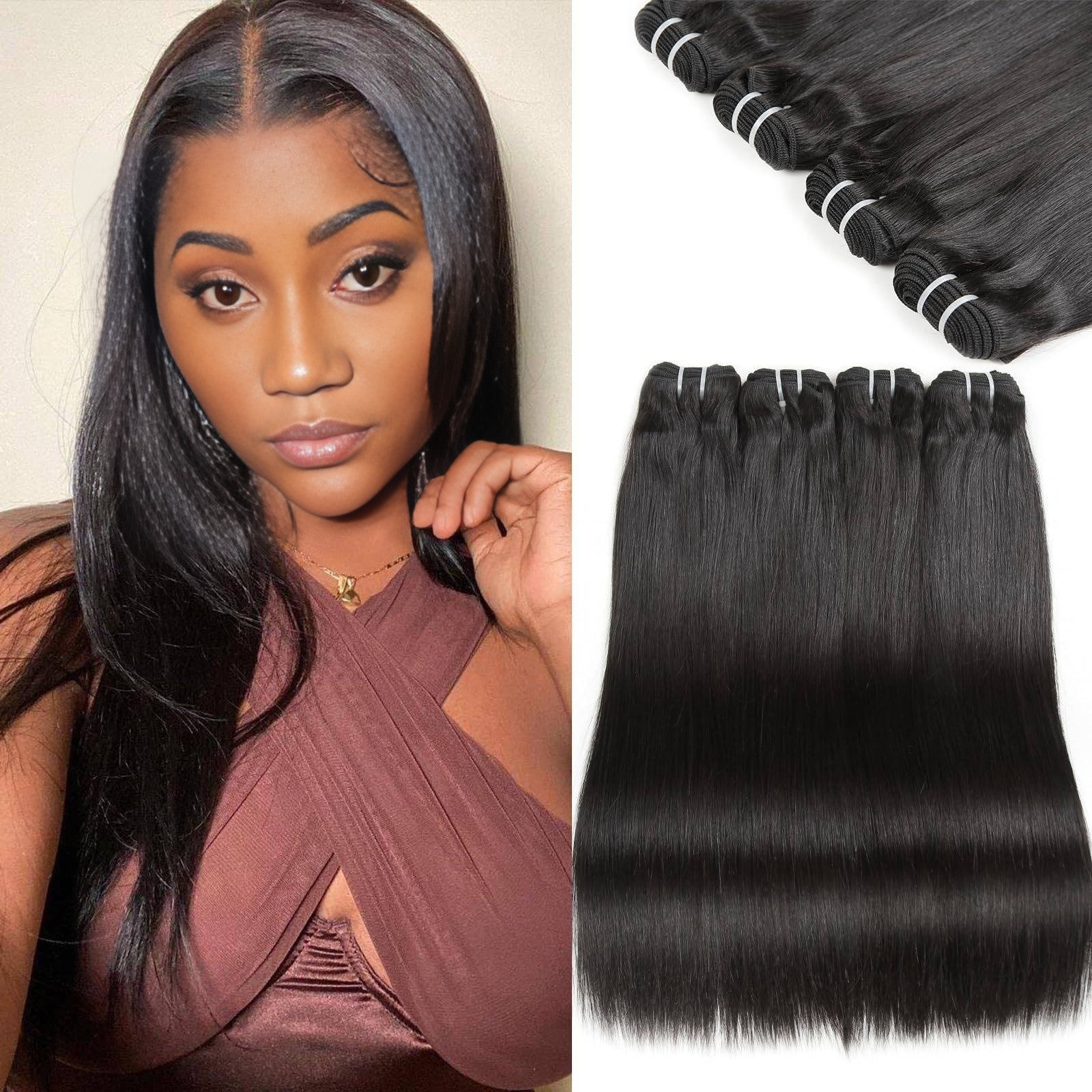 Benetress Natural Black Asian Double Drawn Straight Hair Bundles